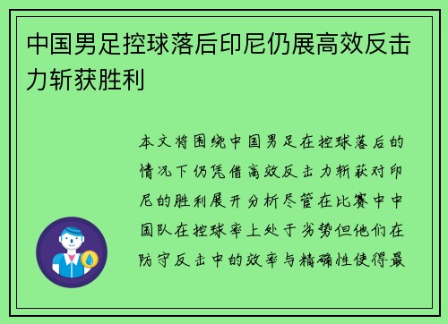 中国男足控球落后印尼仍展高效反击力斩获胜利 中国男足控球落后印尼仍展高效反击力斩获胜利